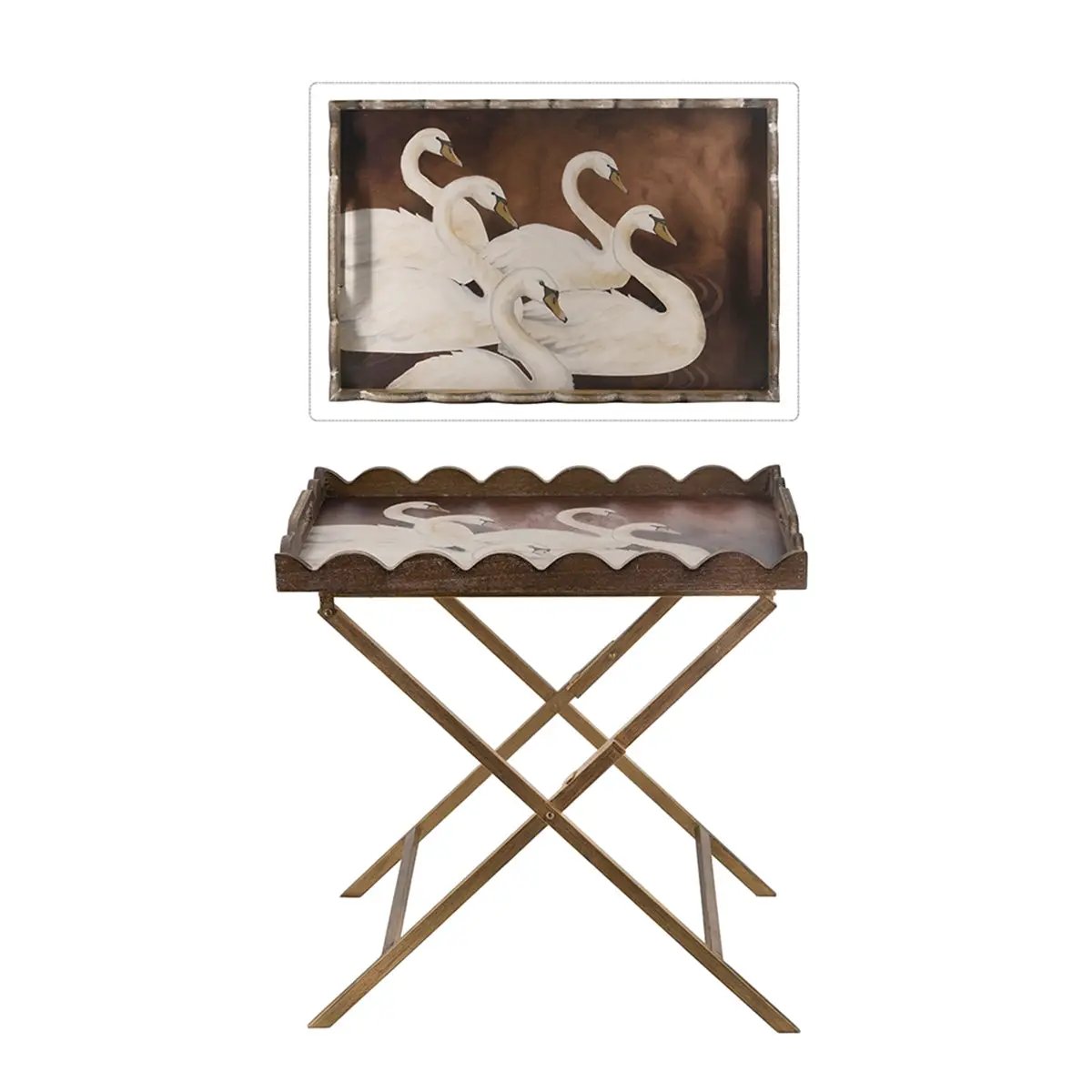 23.5x15.5x24 Brown MDF Tray Table with White Swan Motif and Iron Base by HouseOfZazla