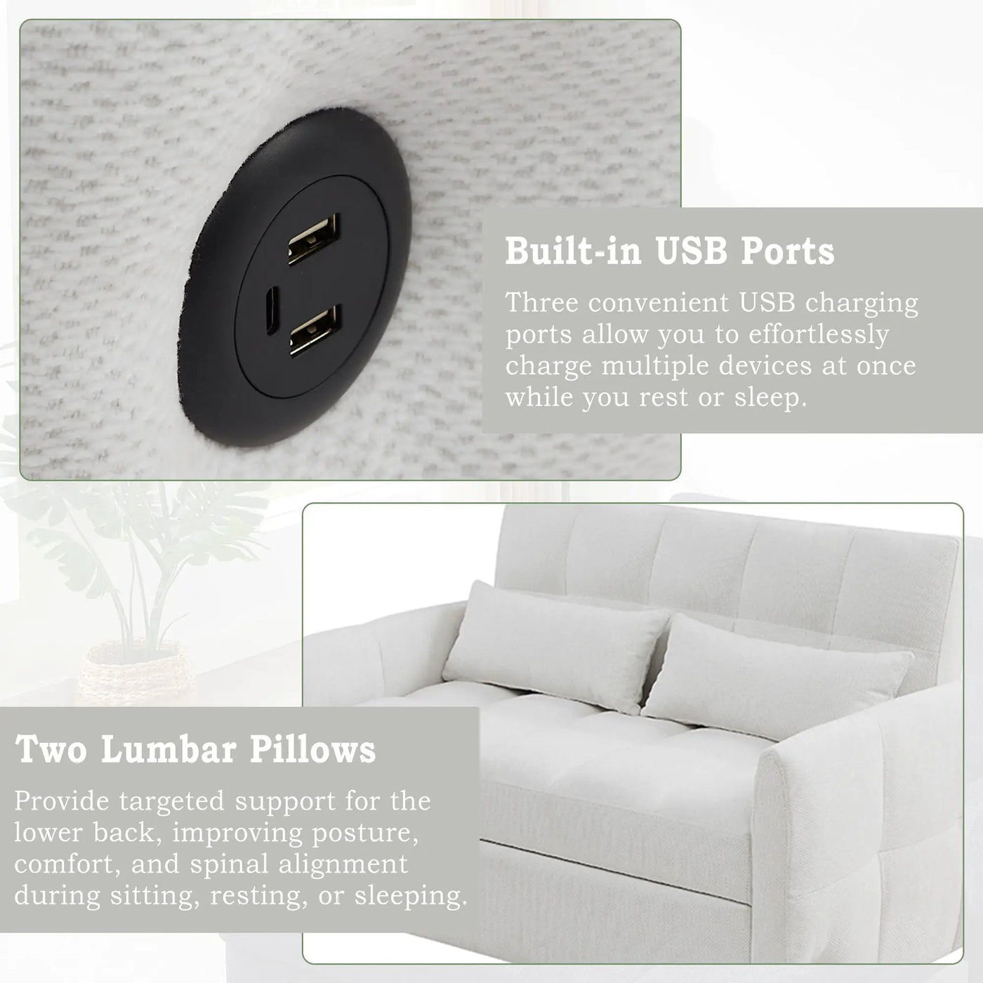 Loveseat Sofa Pull-Out Bed With Adjustable Backrest, 3 USB Ports And 2 Lumbar Pillows For Living Room by Unique Piece Furniture