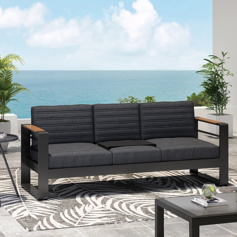 Giovanna 3-Seater Sofa with Aluminum Frame and Water-Repellent Cushions - Black by HouseOfZazla
