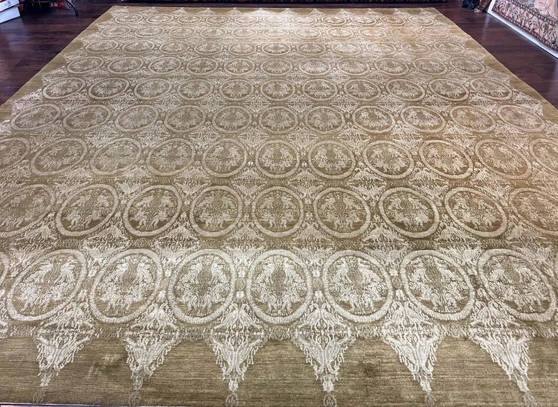 Tibetan Rug 12x15, Wool Hand Knotted Carpet, Odegard Rug, Birds, Olive Green, 12 x 15 Oversized Handmade Contemporary Area Rug, Extra Large by Jewel Rugs