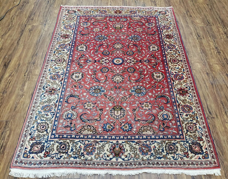 Semi Antique Persian Kashan, Red & Cream, Hand-Knotted, Wool, 4' 8" x 6' 6", Pair A by Jewel Rugs