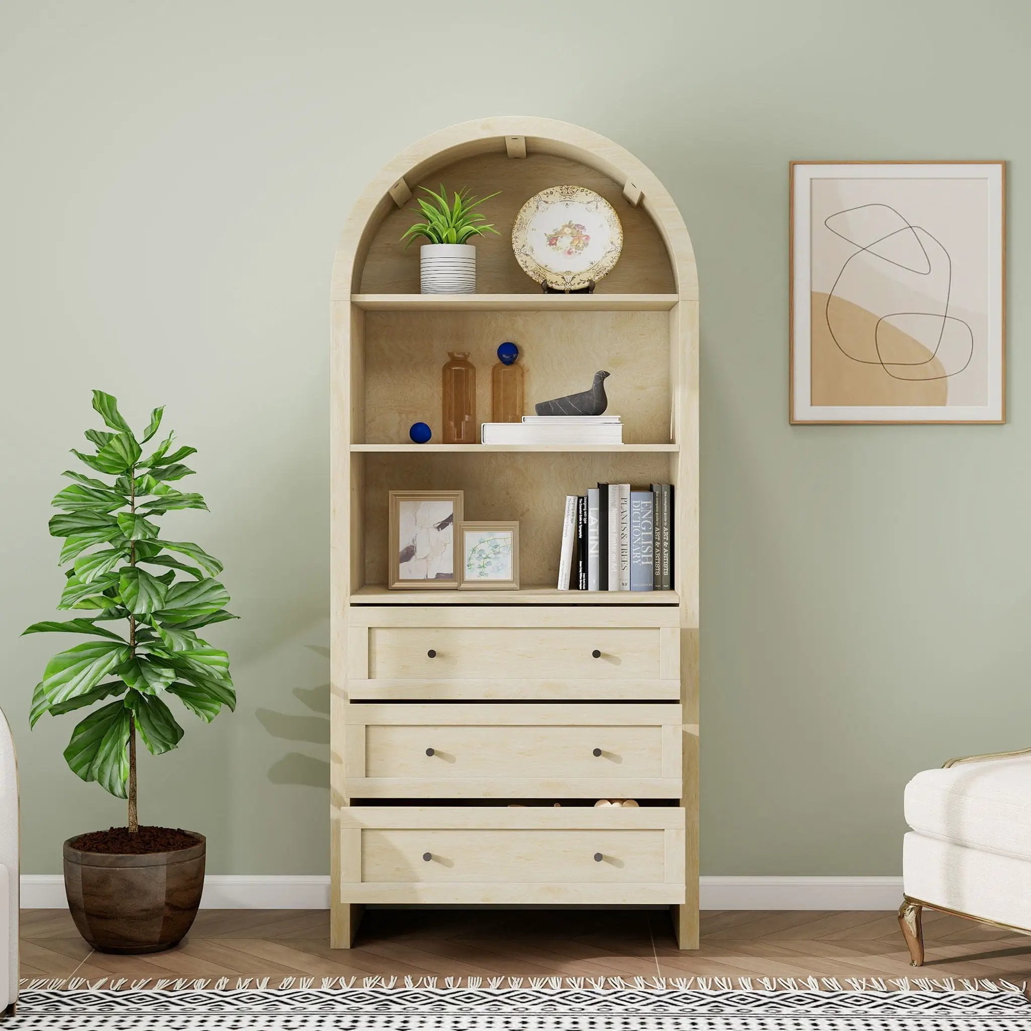 Arched Kitchen Pantry, Modern Farmhouse Wood Kitchen Storage Cabinets, Arched Storage Display Cabinet With Adjustable Shelves, Versatile Cupboard For Kitchen, Dining Room, Living Room - Natural by HouseOfZazla