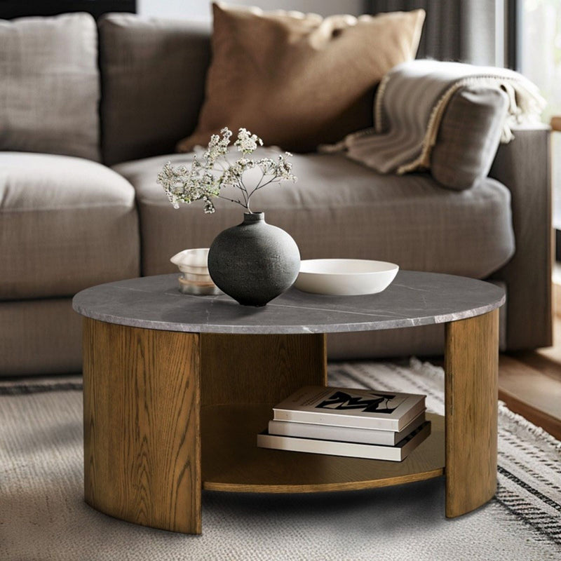 Keegan - Round Coffee Table With Shelf - Oak by HouseOfZazla