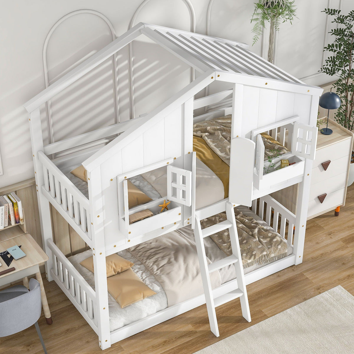 House Bunk Bed With Roof, Window, Window Box, Door, With Safety Guardrails And Ladder, photo 26 of 28