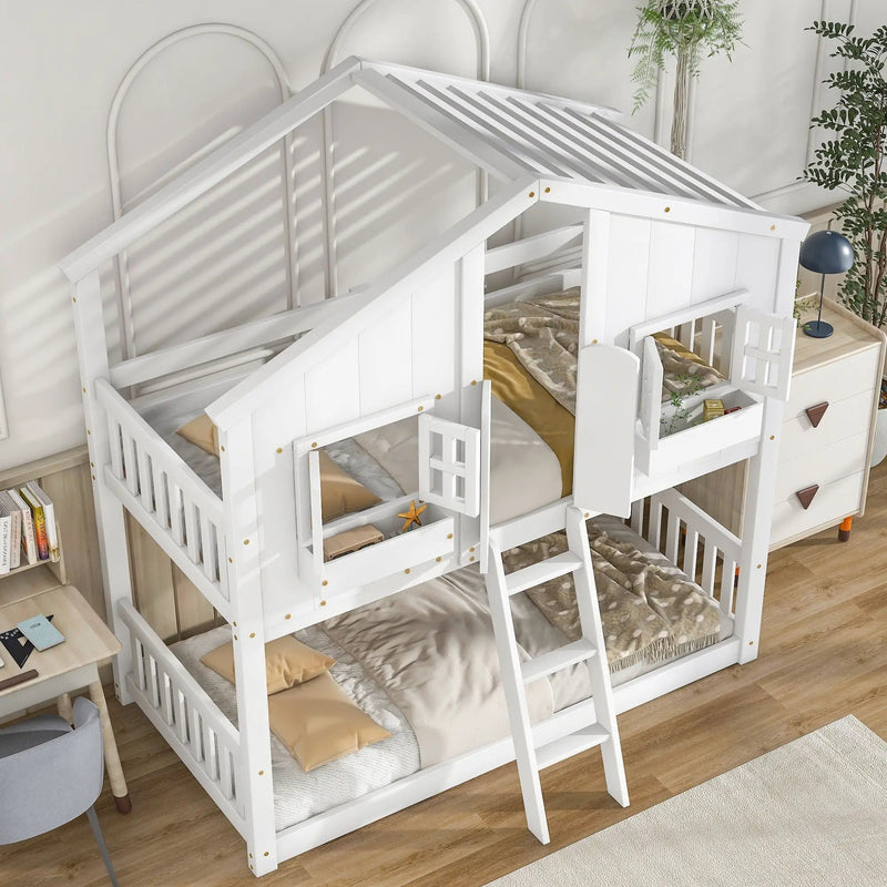House Bunk Bed With Roof, Window, Window Box, Door, With Safety Guardrails And Ladder by HouseOfZazla