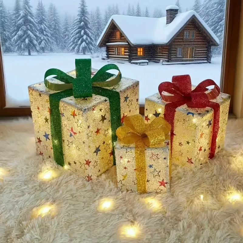 Decorative Wooden Set of 3 Lighted Christmas Gift Boxes by House Of Avana