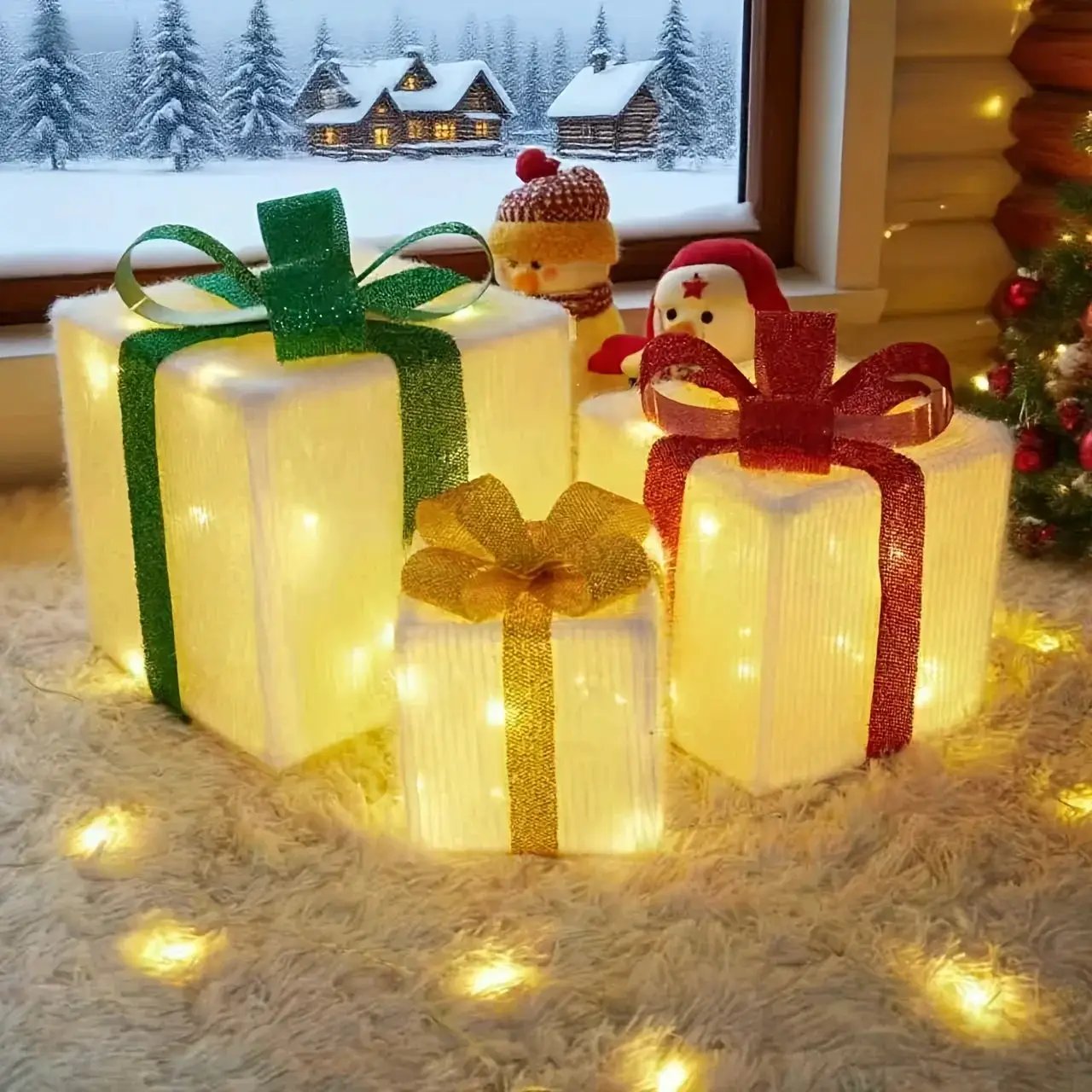 Decorative Wooden Set of 3 Lighted Christmas Gift Boxes by House Of Avana