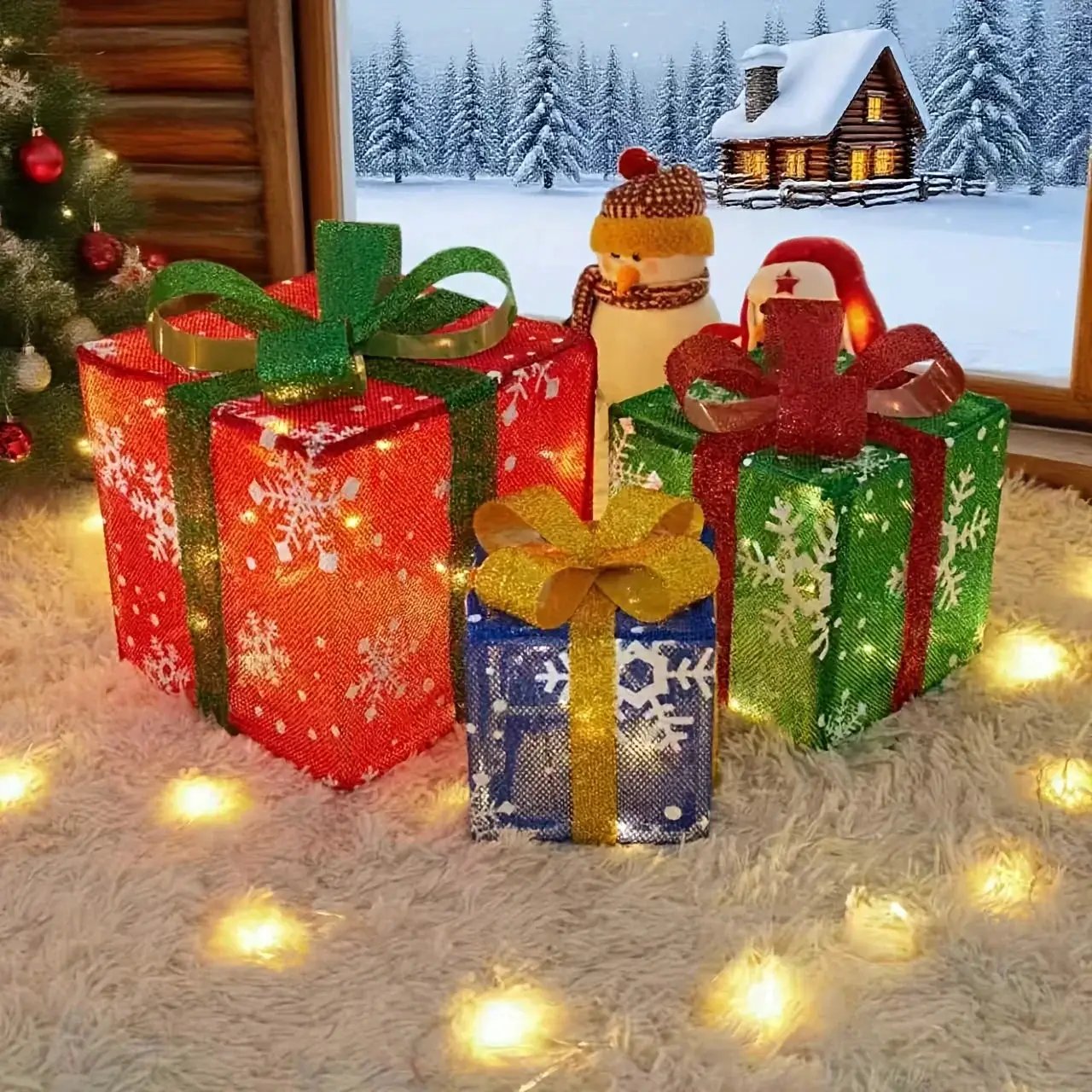 Decorative Wooden Set of 3 Lighted Christmas Gift Boxes by House Of Avana