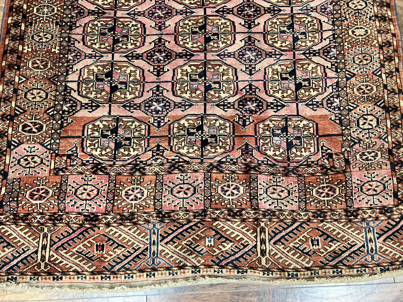 Persian Turkoman Rug 4x6, Wool Hand Knotted Antique Bokhara Carpet, Red Pink, Handmade Tribal Oriental Rug 4 x 6 ft by Jewel Rugs