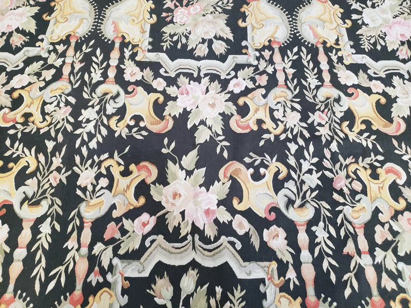 Vintage Black Aubusson Area Rug 8x10, Large Flowers Chinese Aubusson Carpet 7.9 x 10, Wool Hand-Knotted Floral Pattern Flat Weave Rug Nice by Jewel Rugs