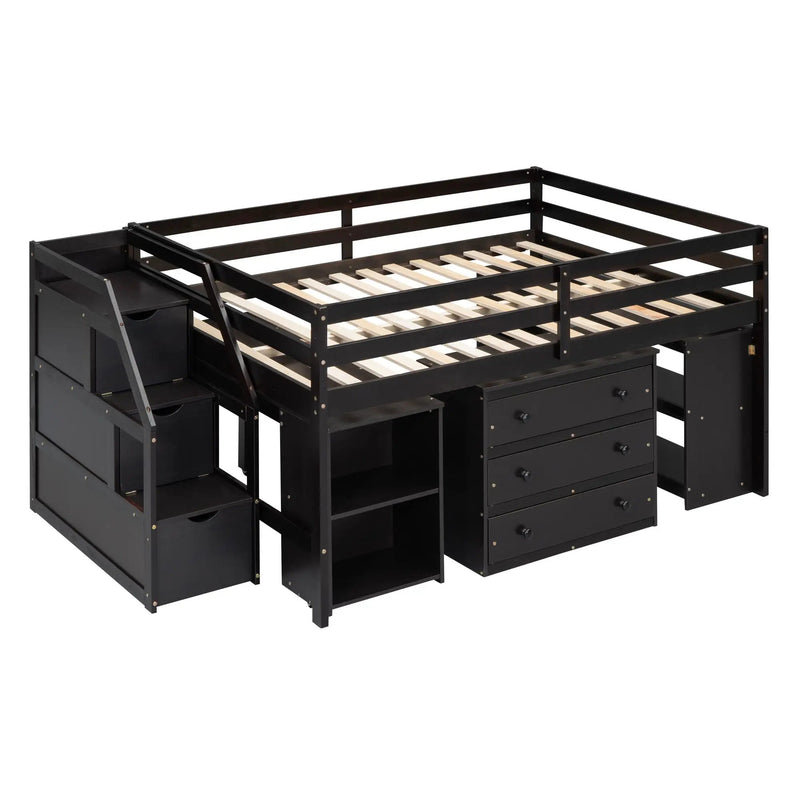 Loft Bed With Retractable Writing Desk And 3 Drawers With Storage Stairs And Shelves by HouseOfZazla