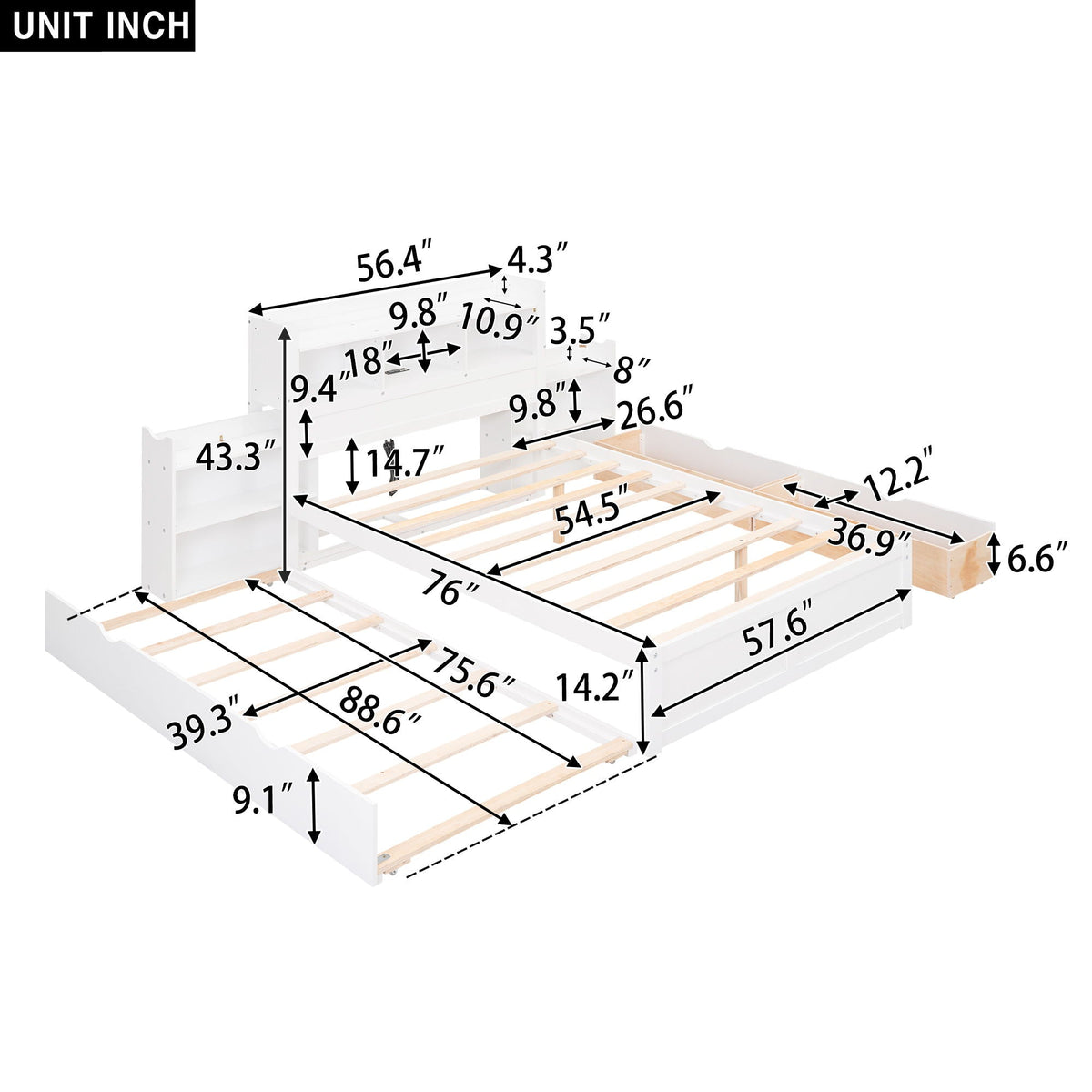 Full Size Storage Platform Bed with Pull-Out Shelves, Trundle, and 2 Drawers - White or Dark Brown, photo 33 of 36