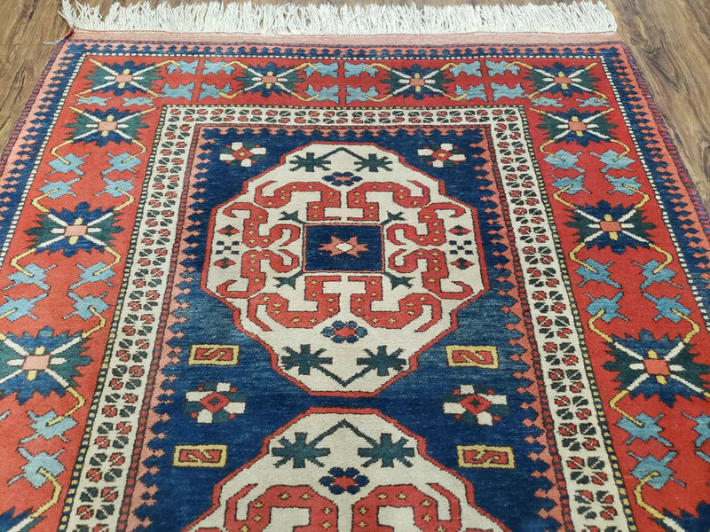 Turkish Kazak Rug 5x6 Vintage Handmade Wool Carpet Geometric Blue Red by Jewel Rugs