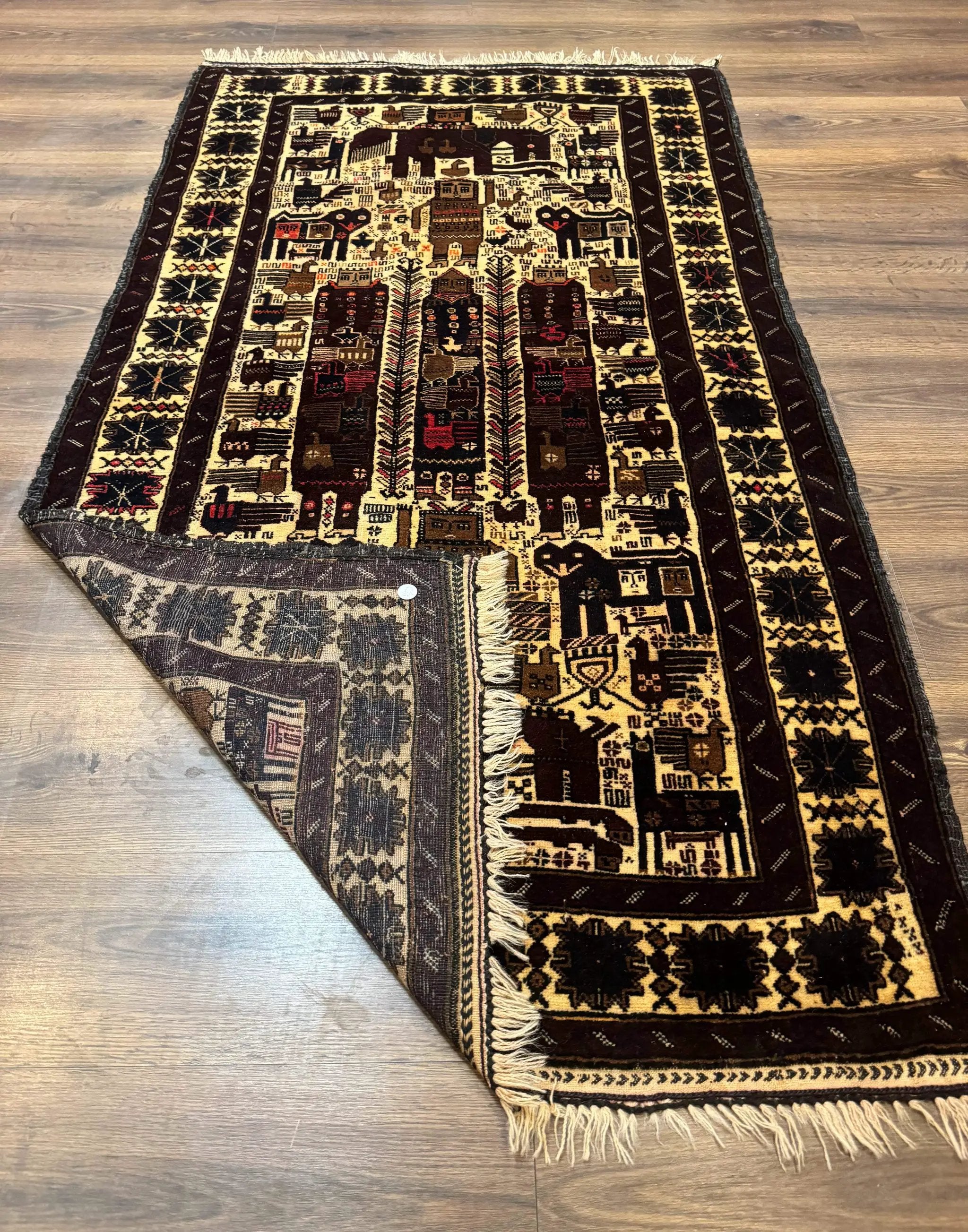 Persian Baluch Tribal Rug 4x6, Human and Bird Pictorials, Vintage, Wool, Collectible by Jewel Rugs