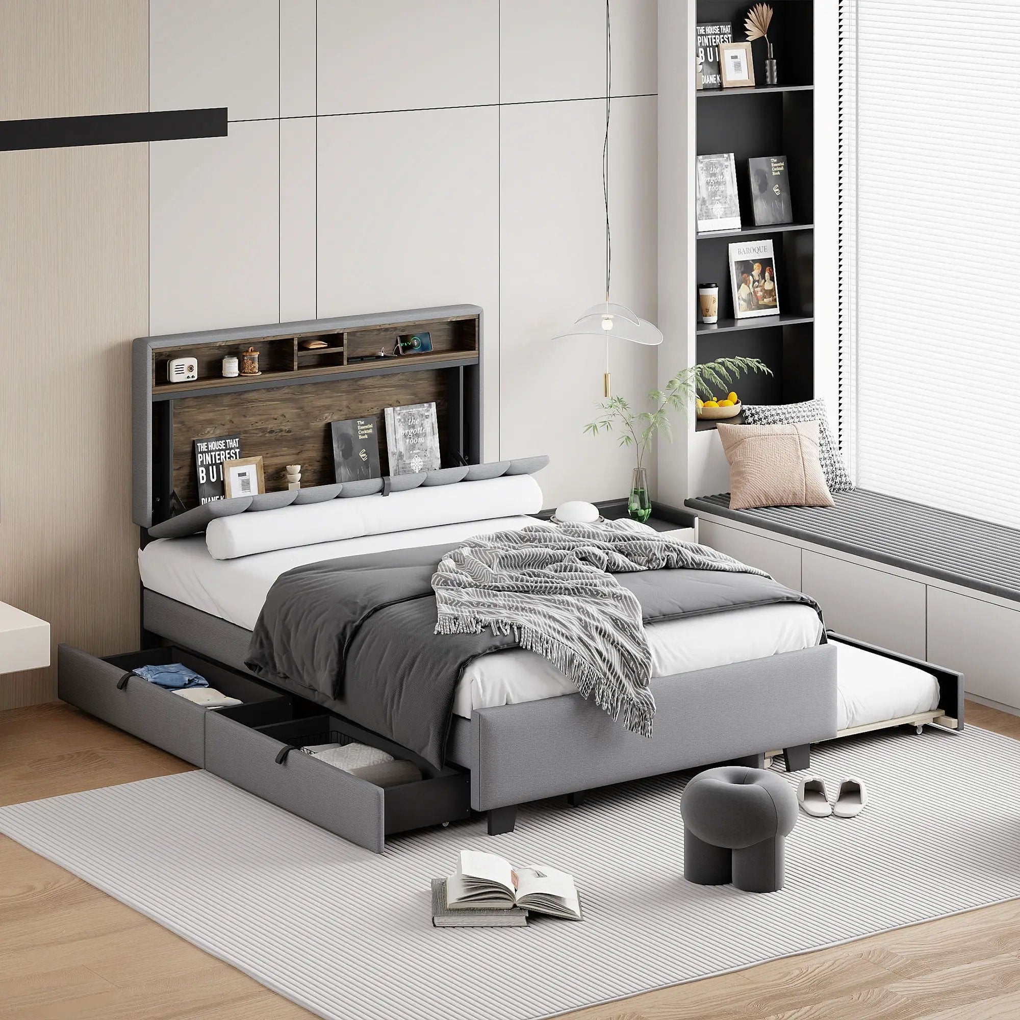 Upholstered Platform Bed With Storage Headboard, Trundle & 2 Drawers And A Set Of Sockets & USB Ports by HouseOfZazla