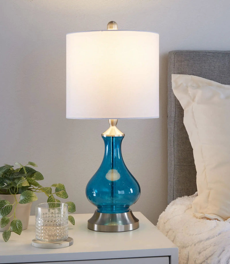 Jasmine - Contemporary Lamp - Clear Sapphire Blue Seeded / Nickel / White by HouseOfZazla