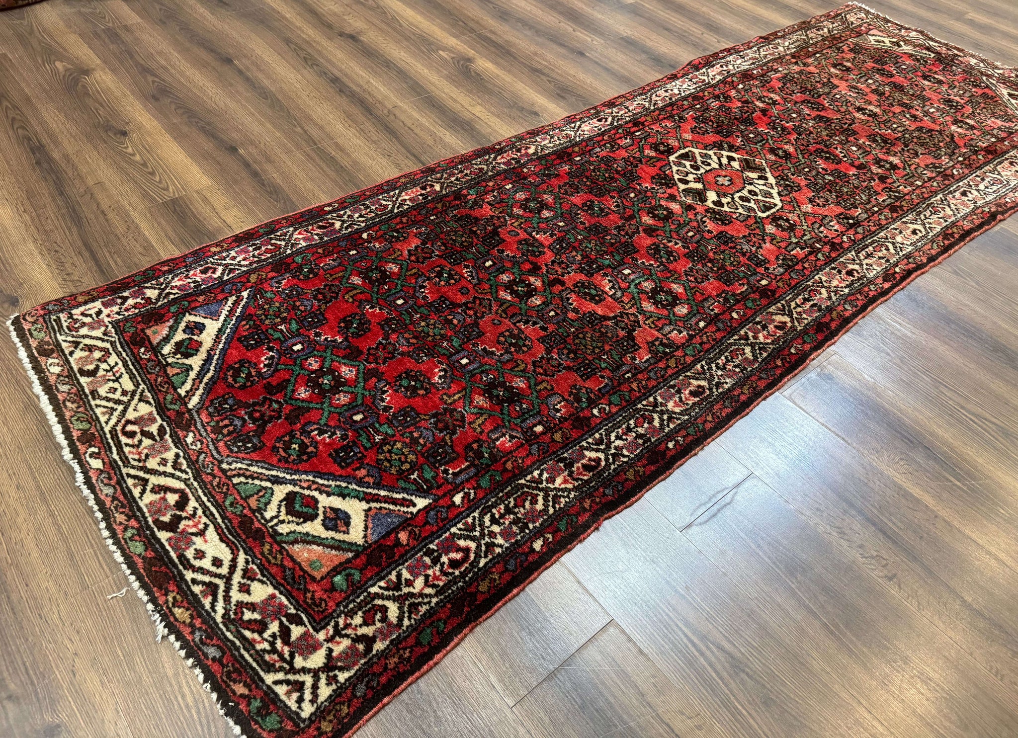 Persian Runner Rug 3x10, Wool Hand Knotted Hallway Rug 3 x 10 ft, Red and Ivory, Hamadan Angelas Runner by Jewel Rugs