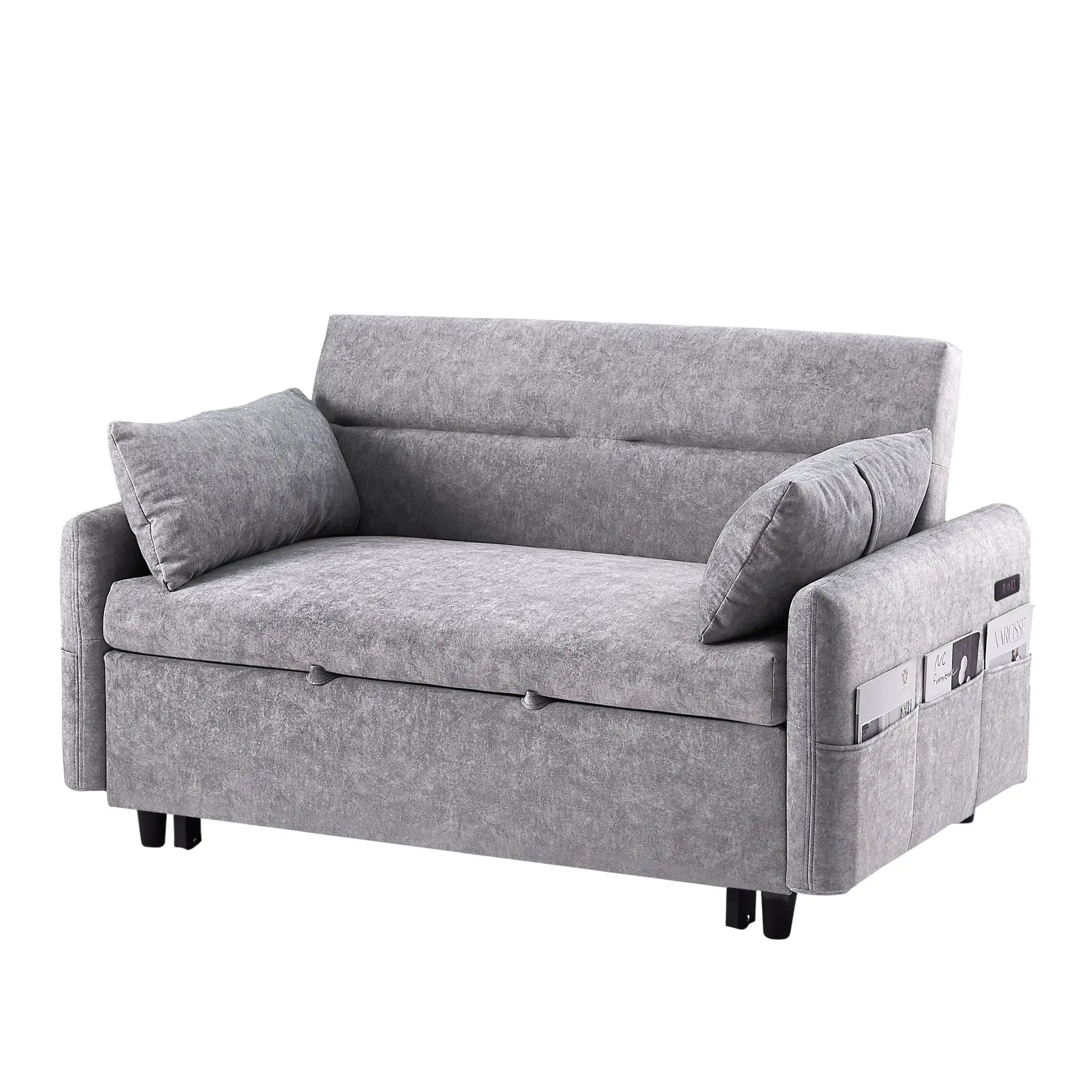 Pull Out Sleep Sofa Bed Loveseats Sofa Couch With Adjsutable Backrest, Storage Pockets, 2 Soft Pillows, USB Ports For Living Room, Bedroom, Apartment, Office by Unique Piece Furniture