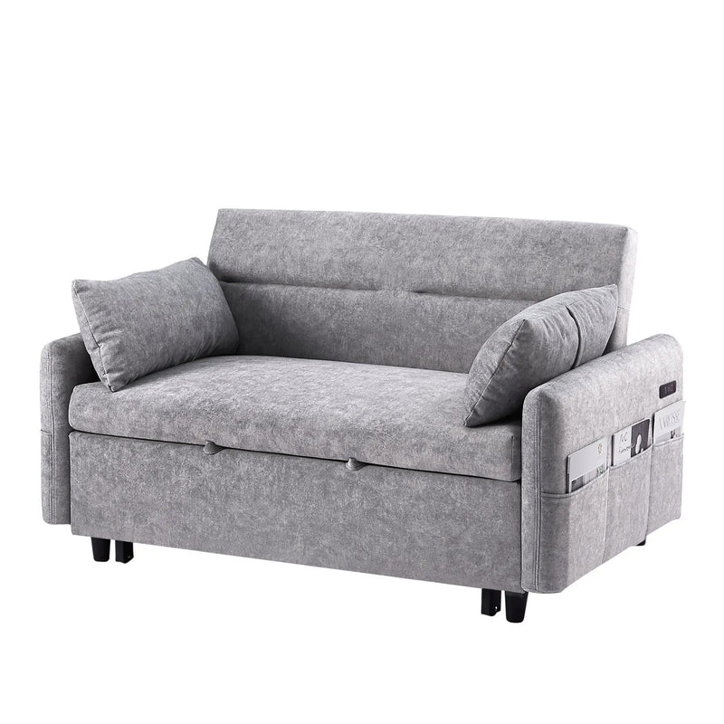 Pull Out Sleep Sofa Bed Loveseats Sofa Couch With Adjsutable Backrest, Storage Pockets, 2 Soft Pillows, USB Ports For Living Room, Bedroom, Apartment, Office by Unique Piece Furniture