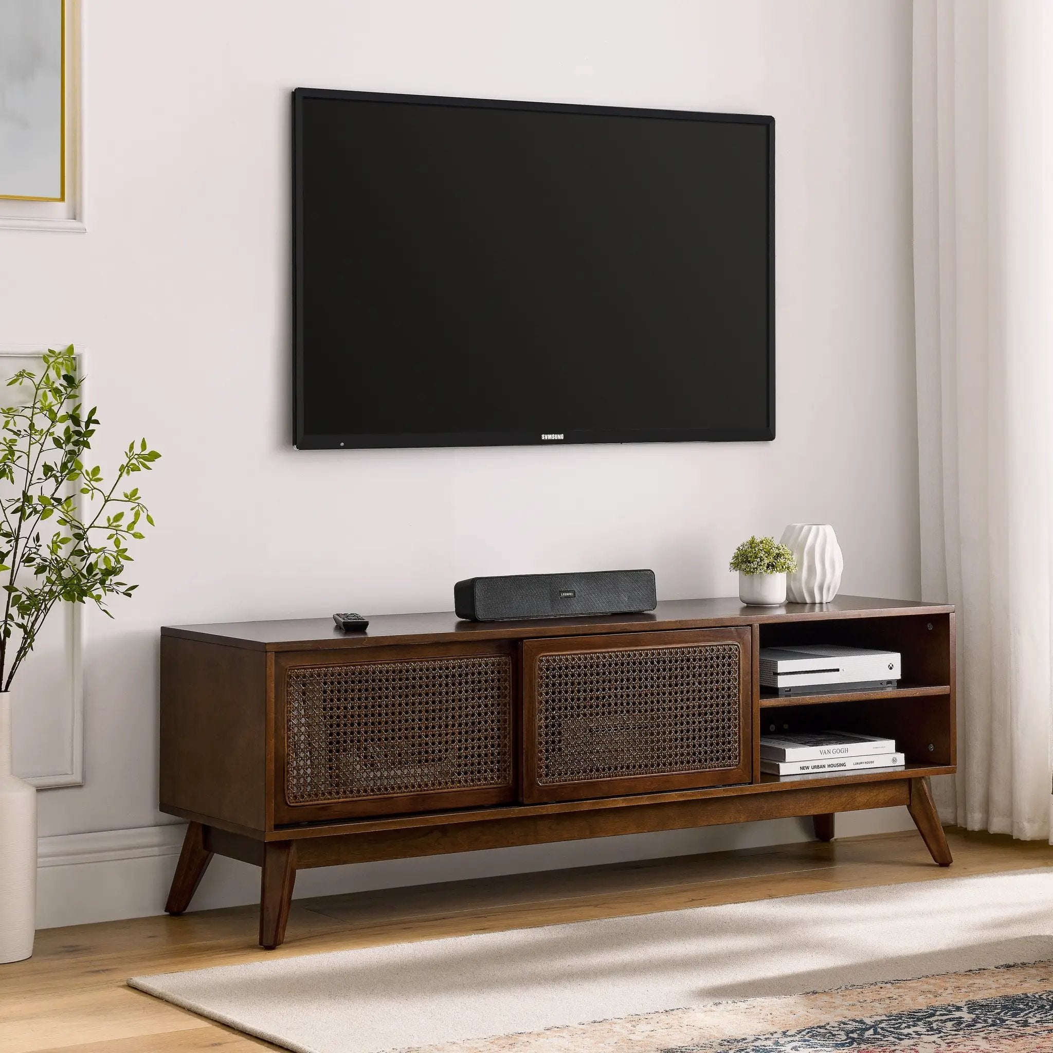 59 Inch Mid Century Modern Rattan TV Stand for 65 Inch TV by HouseOfZazla