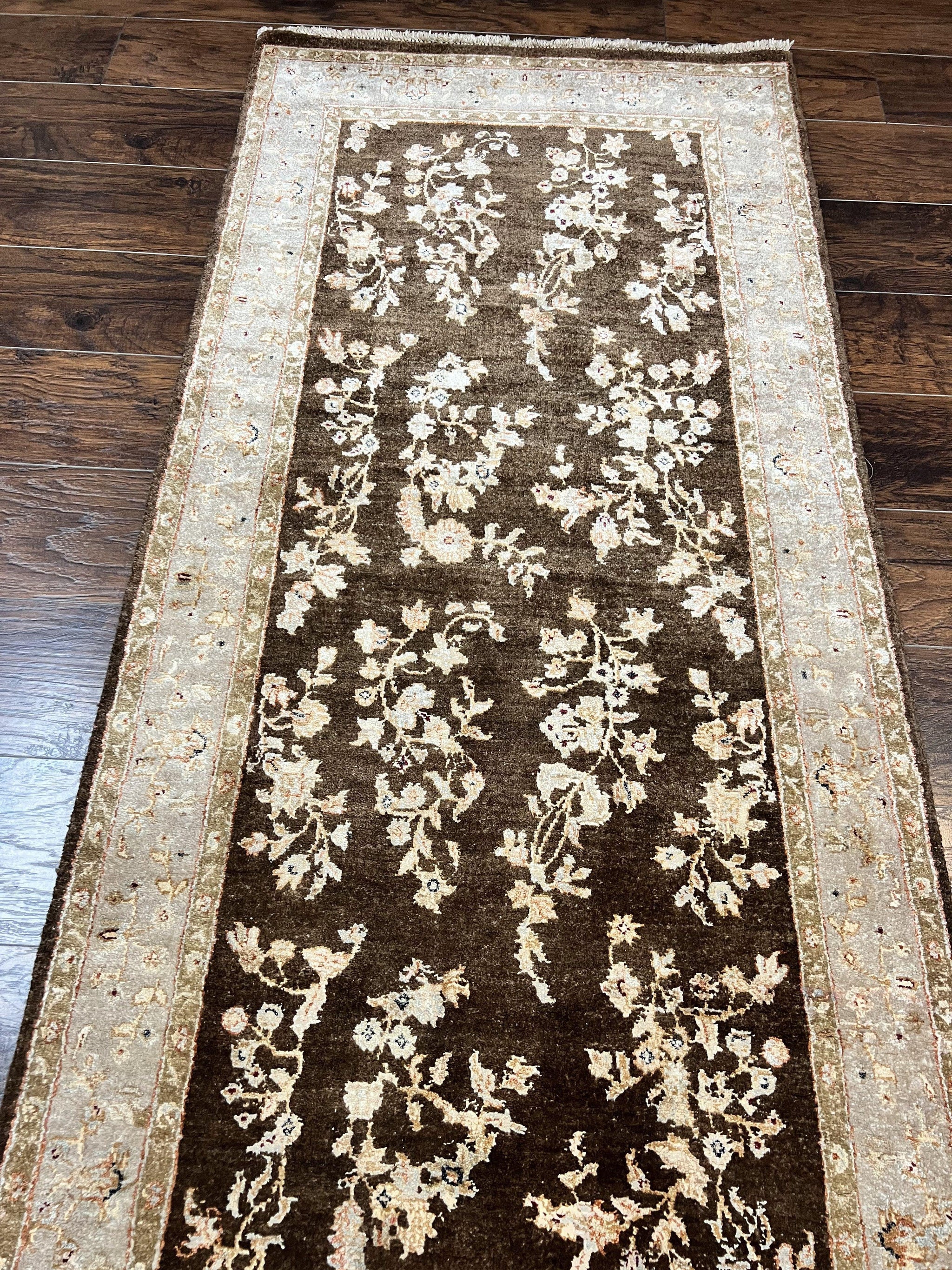 Peshawar Runner Rug 3 x 20, Wool Hand Knotted Vintage Pakistani Carpet, Brown & Taupe, Chobi Mahal Floral Rug, Extra Long Hallway Runner by Jewel Rugs