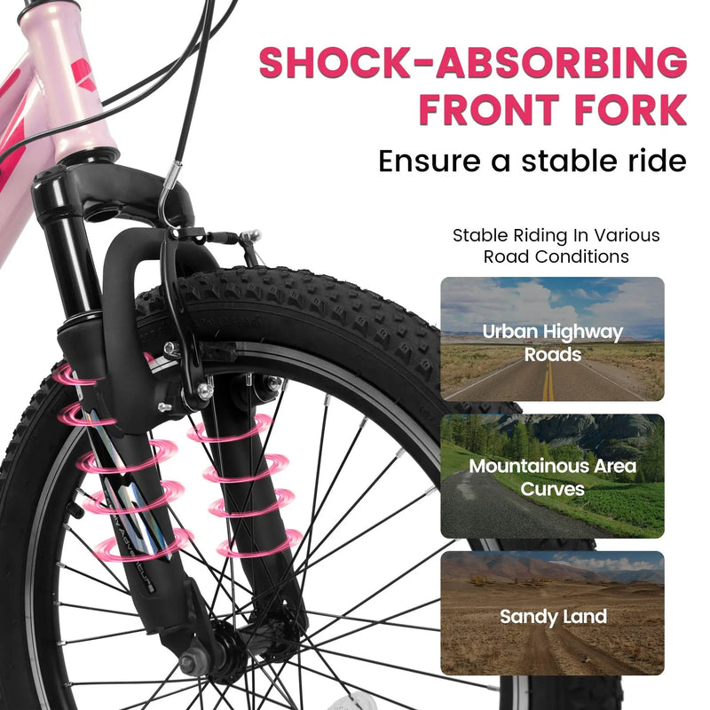 20" Children's Bicycle Shock Absorbing Front Fork 7 Speed V Brakes Mountain Tire Boys And Girls Kids Bike For Outdoor Adventure - Pink by HouseOfZazla