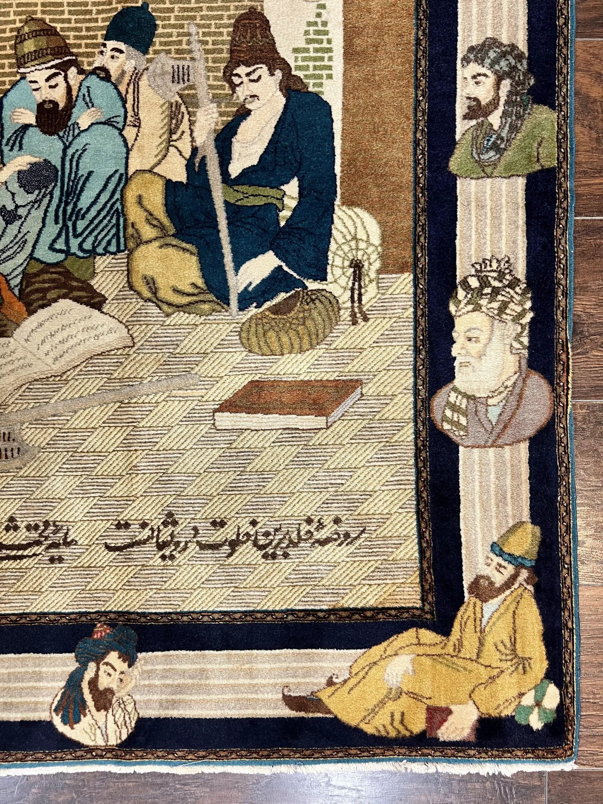 Persian Tabriz Pictorial Rug 3x5, Wall Hanging Carpet, Very Fine 60 Raj 475 KPSI, Hand Knotted Vintage Semi Antique, Wool, Persian Poetry by Jewel Rugs
