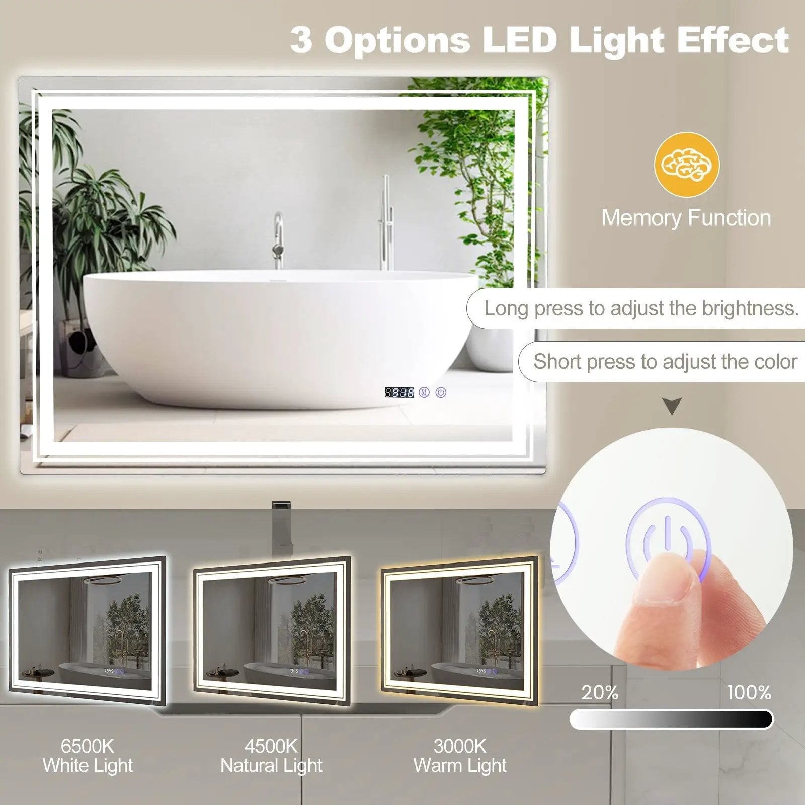 Defogging LED Bathroom Mirror with Memory Function and Anti-Fog by DirectDeals