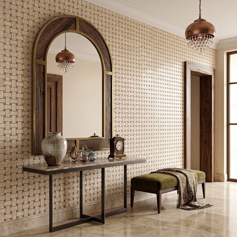 Delicate Beige Polished Basket Weave Marble Mosaics 12x12 Marble Polished 12x12 Mosaics — 4