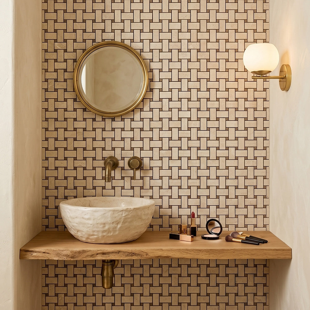 Delicate Beige Polished Basket Weave Marble Mosaics 12x12 Marble Polished 12x12 Mosaics — 5