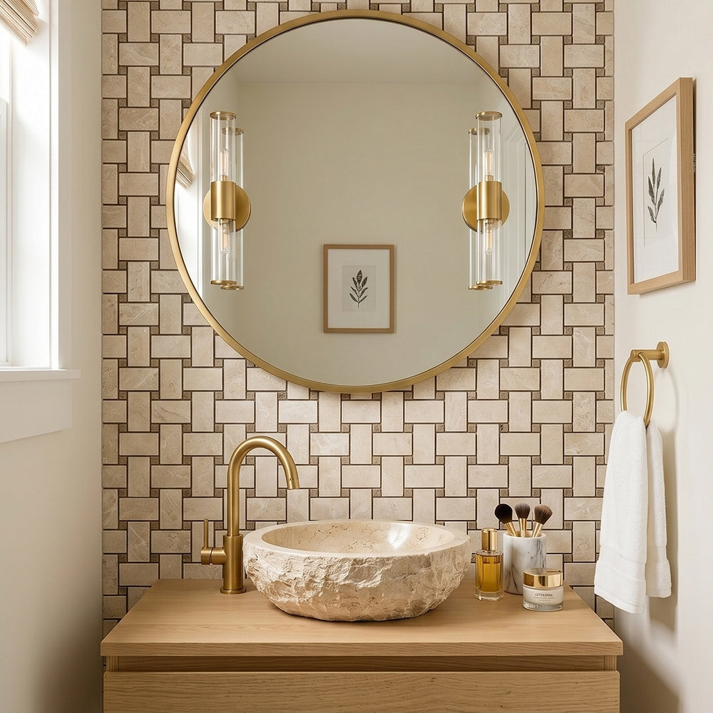Delicate Beige Polished Basket Weave Marble Mosaics 12x12 Marble Polished 12x12 Mosaics — 6