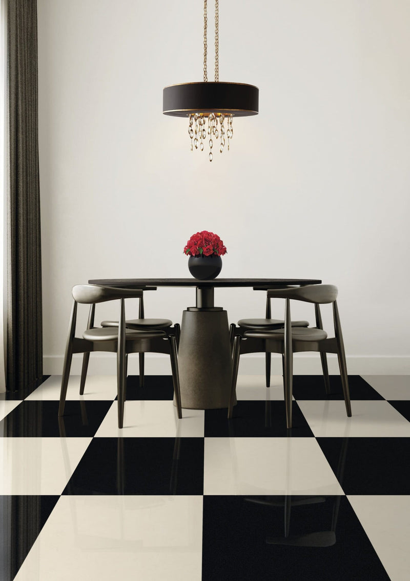 Deluxe 2.0 Absolute Black Honed Stone Look Porcelain Tiles 24x24 installed in a dining room