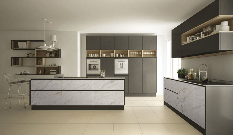 Deluxe 2.0 Crema Honed Stone Look Porcelain Tiles 12x24 installed in a kitchen