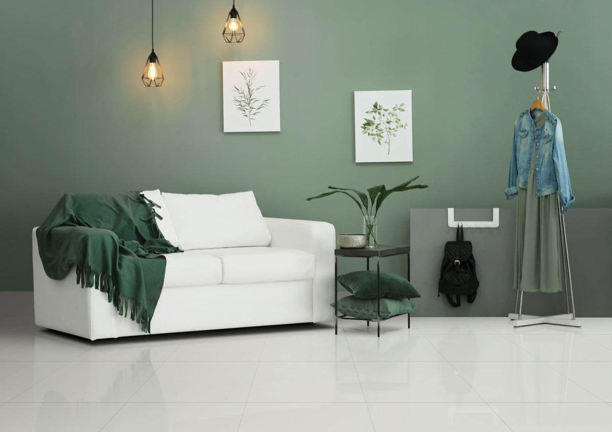 Deluxe 2.0 Perla Polished Stone Look Porcelain Tiles 24x24 installed in a living room