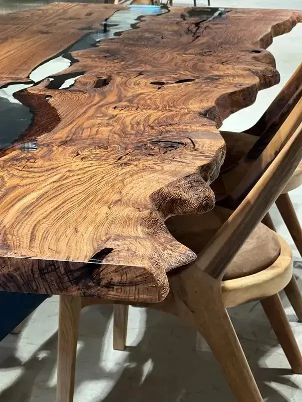 Live Edge, Epoxy Resin River Dining Room Table Made Of Chestnut Wood by Gizz