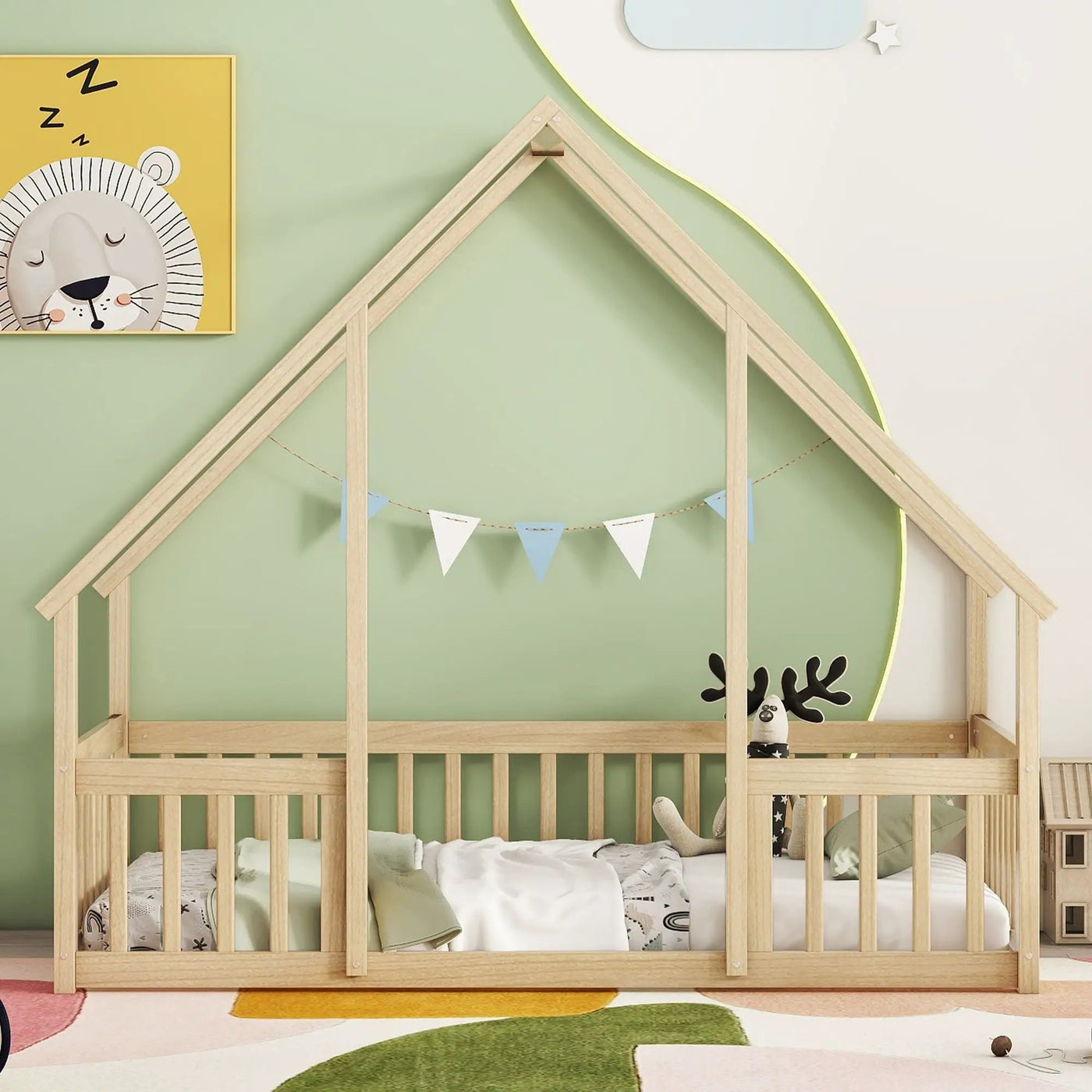 Wood House-Shaped Floor Bed With Fence, Guardrails by Unique Piece Furniture