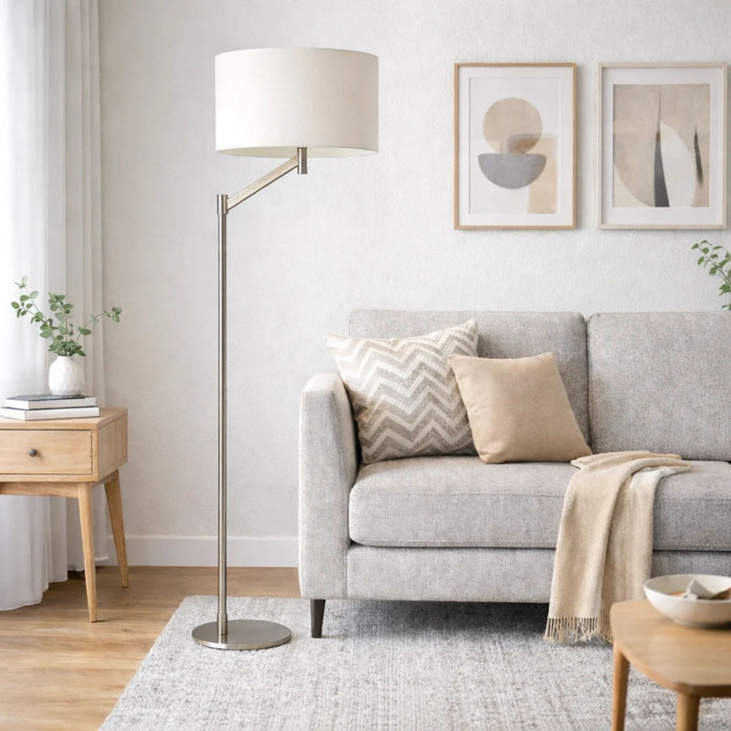 Serene - Floor Lamp With Rotary Switch Base Linen Shade - Brushed Nickel / White, photo 7 of 7