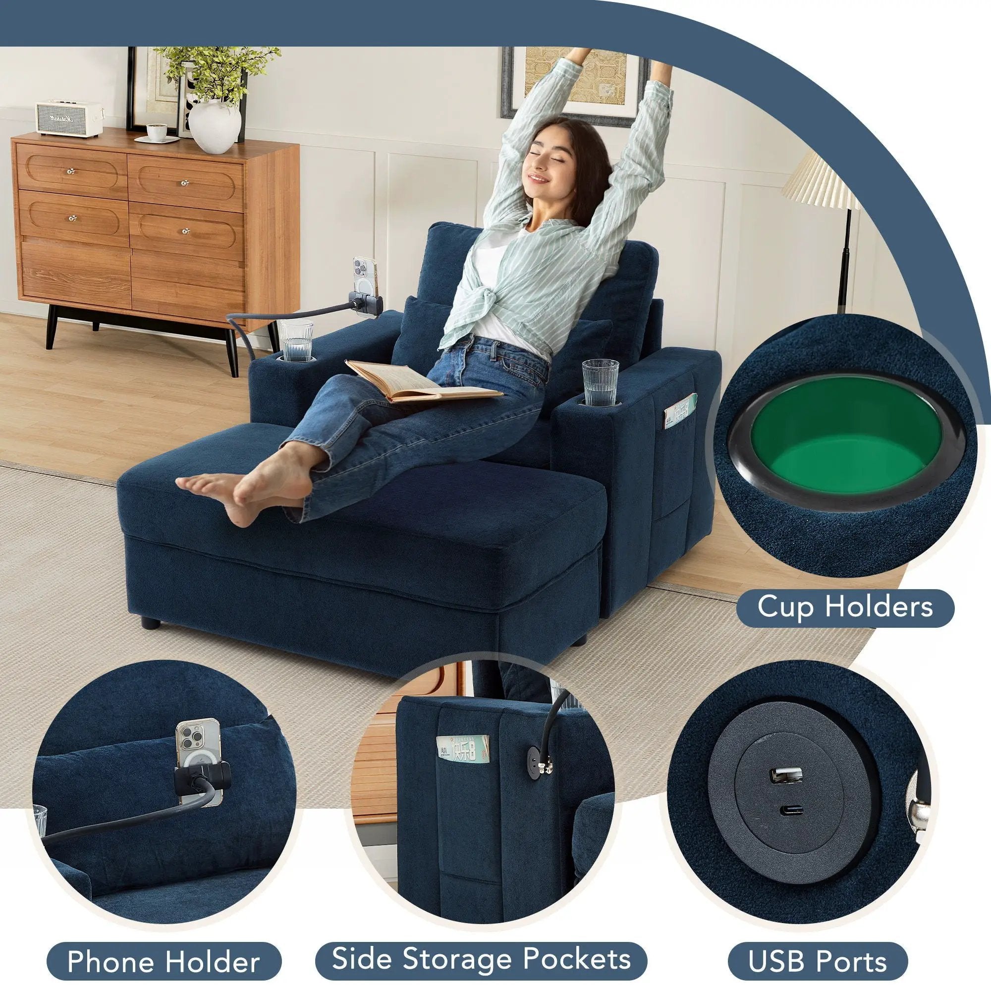 Modern Style Armchair Chaise Lounge Sofa Couch With Movable Storage Ottoman, USB Ports, Cup Holders, Phone Holder, Side Pockets by HouseOfZazla