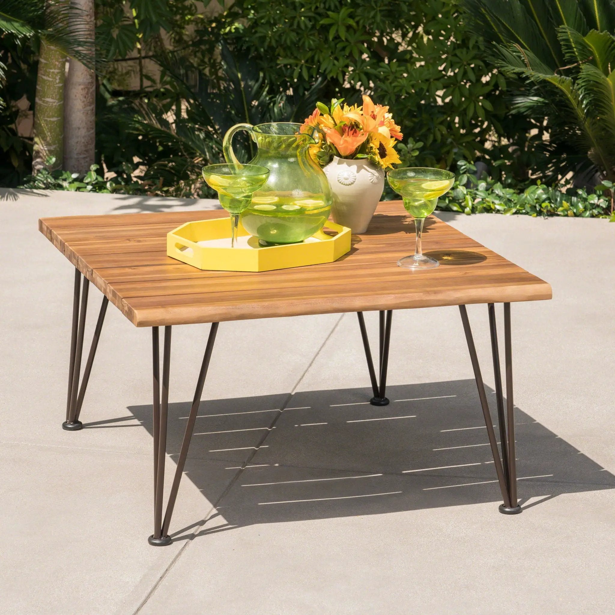 Outdoor Coffee Table With Slat Top And Metal Legs - Teak by HouseOfZazla
