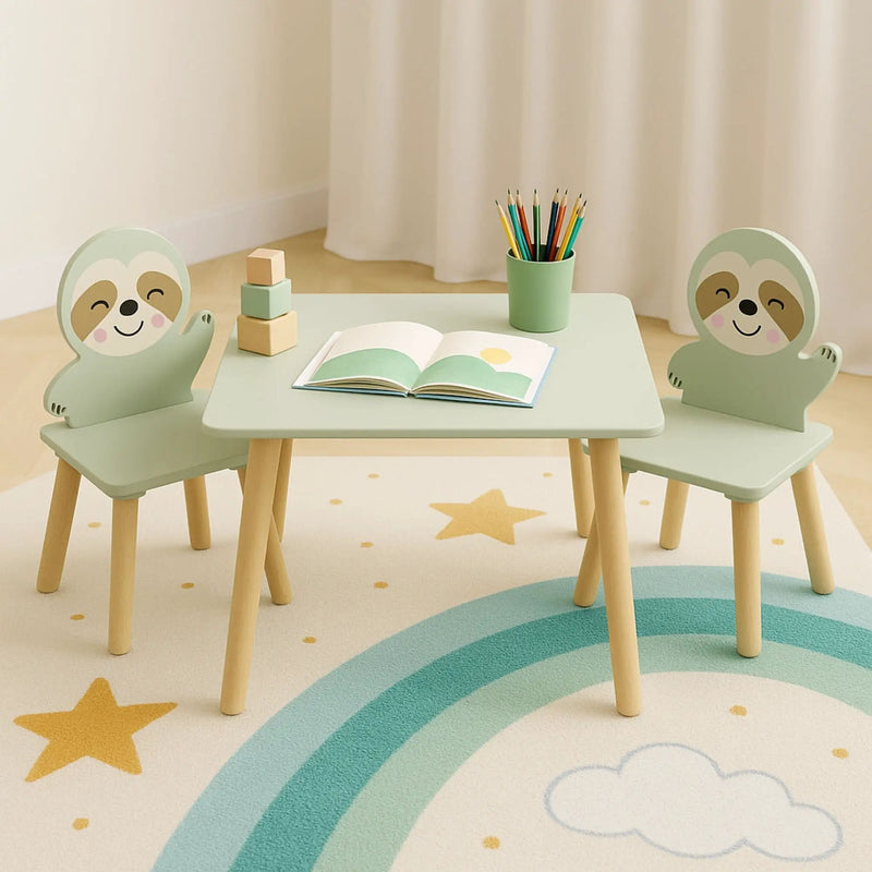 Sloth Themed Table And Chair Set With 2 Cute Animal Chairs - Natural Wood / Sage Green by HouseOfZazla