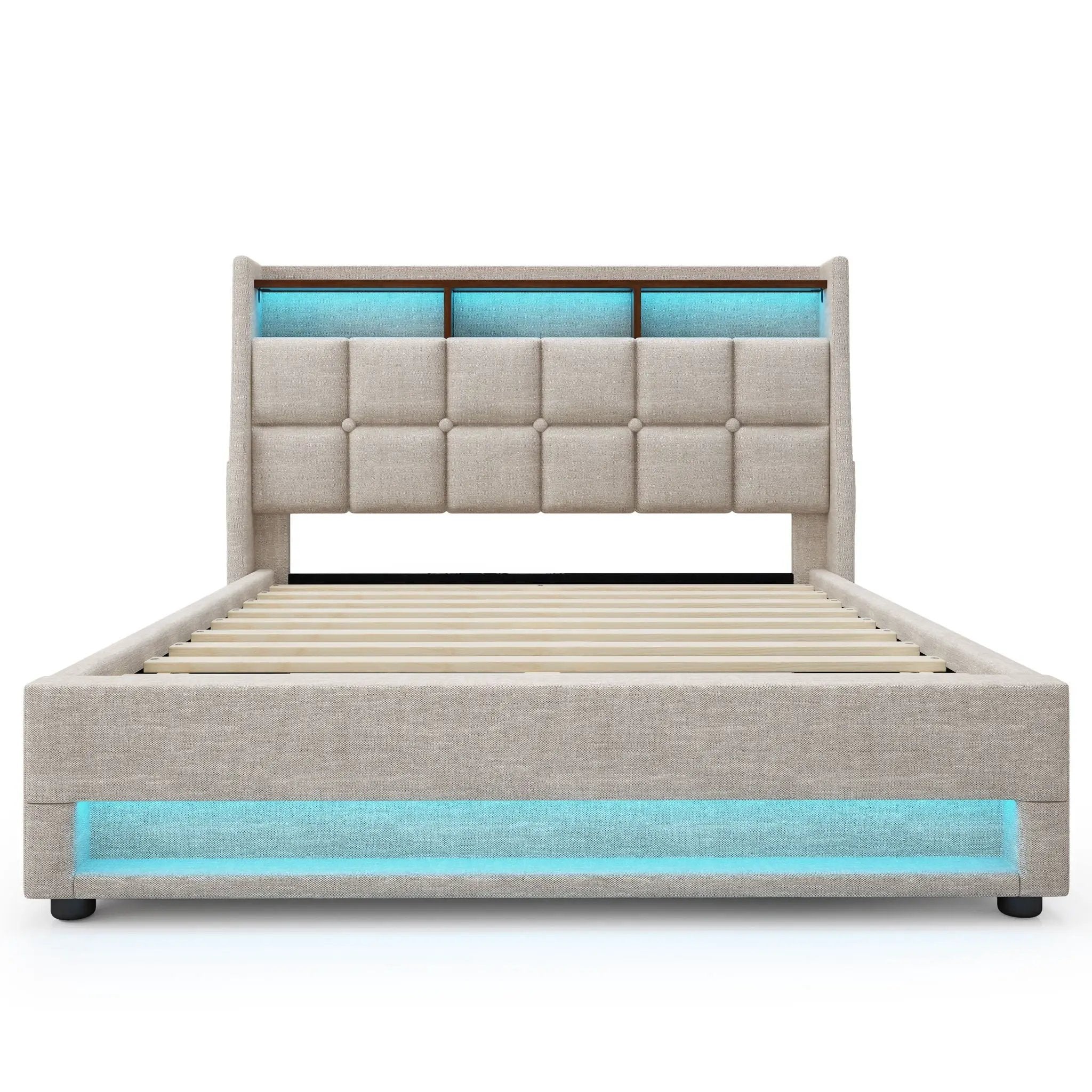Platform Bed With Hydraulic Storage, LED Lighting & Charging Station by HouseOfZazla