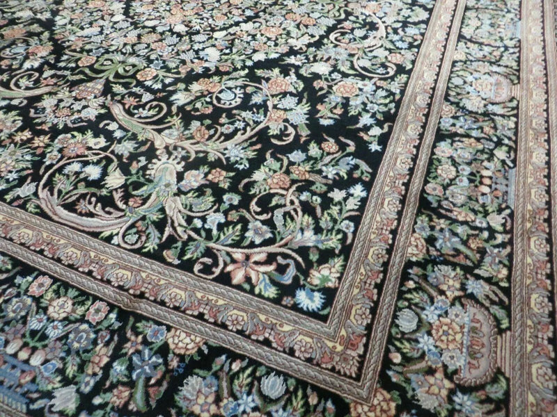 8' X 10' Vintage Handmade Pakistani Floral Wool Rug Black Nice by Jewel Rugs