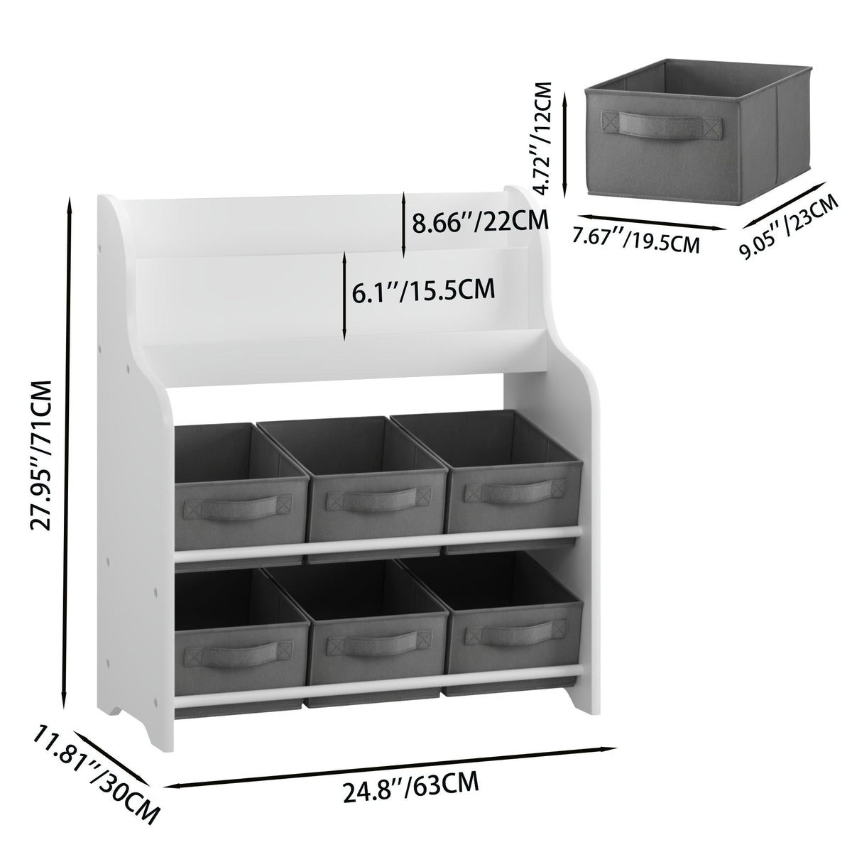 Children's Bookcase with 6 Storage Bins - Multi Functional Organizer - White, photo 3 of 4