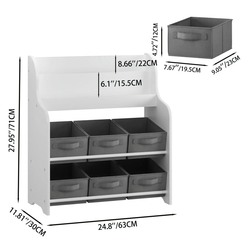 Bookshelf With 6 Storage Bins, Multi Functional Children's Bookcase And Toy Organizer - White by HouseOfZazla