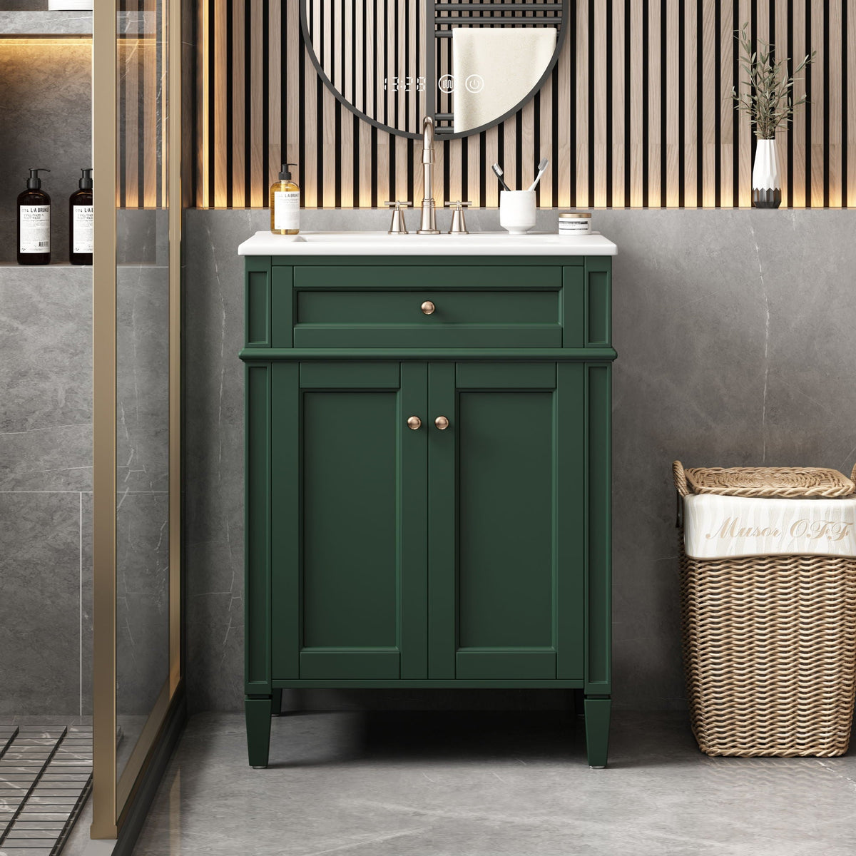Bathroom Vanity with Solid Wood Frame and Tip Out Drawer - Black, White, Dark Green, photo 11 of 12