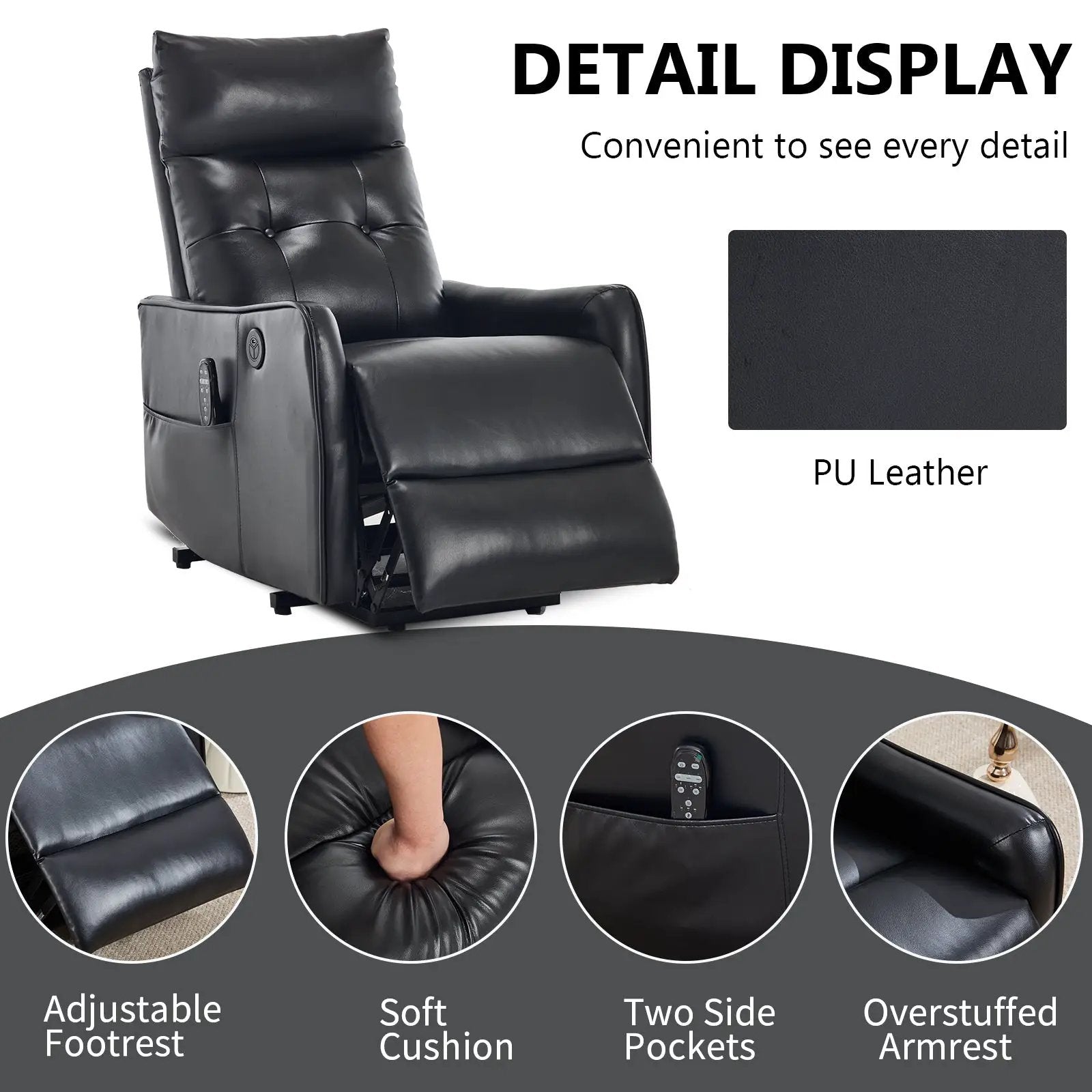 Black PU Single Motor Power Lift Recliner Chair by HouseOfZazla