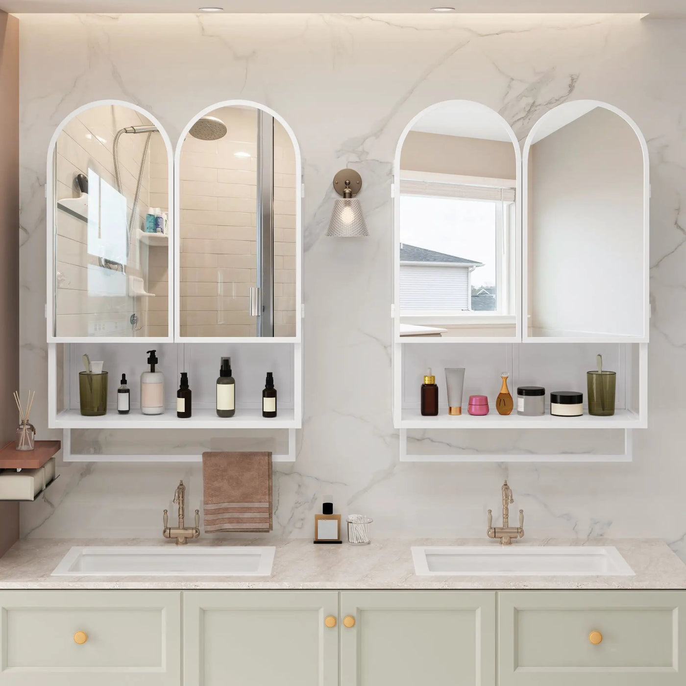 Double Arched Mirror Wall Cabinet With 2 Doors, Featuring Adjustable Shelves And Towel Rack by HouseOfZazla