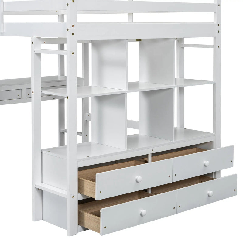 Full Size Loft Bed With Built In Desk, 2 Drawers, Storage Shelves - White by HouseOfZazla