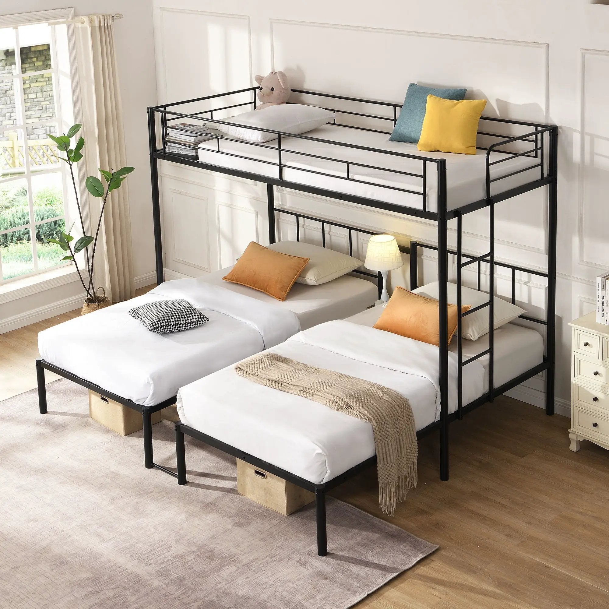 Twin Over Twin Over Twin Triple Bunk Bed With Safety Rails And Storage Shelf - Black by HouseOfZazla