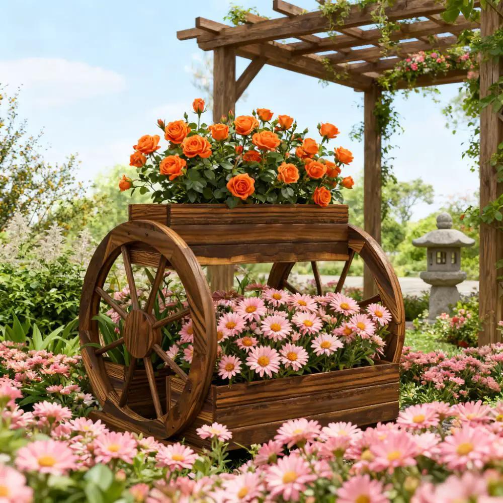 Outdoor Wooden Wagon Planter Box - 3-Tier Raised Garden Bed by HouseOfZazla